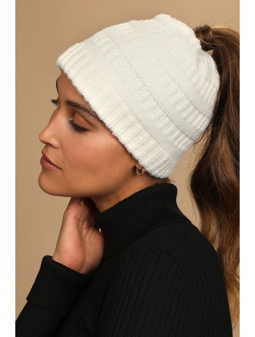 Lulus Cozy Choice Ivory Ribbed Knit Bun Beanie