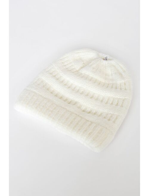 Lulus Cozy Choice Ivory Ribbed Knit Bun Beanie