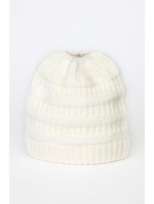 Lulus Cozy Choice Ivory Ribbed Knit Bun Beanie