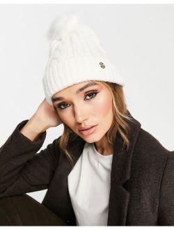 cable knit pom pom beanie in cream