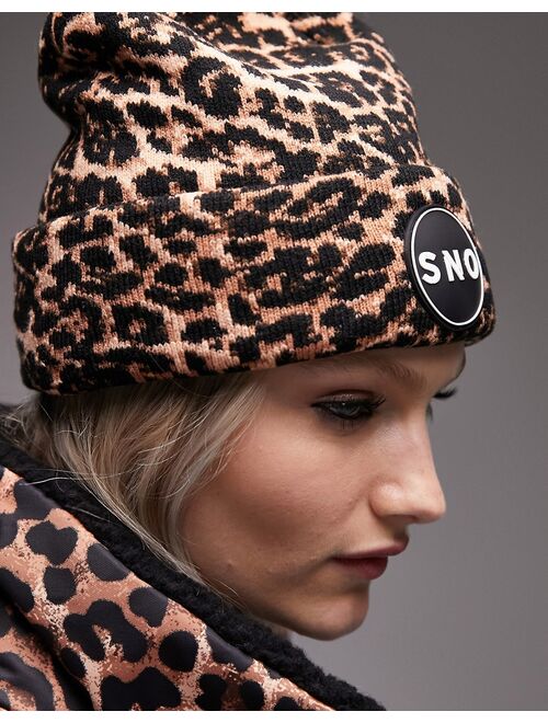 Topshop Ski fur pom beanie in leopard