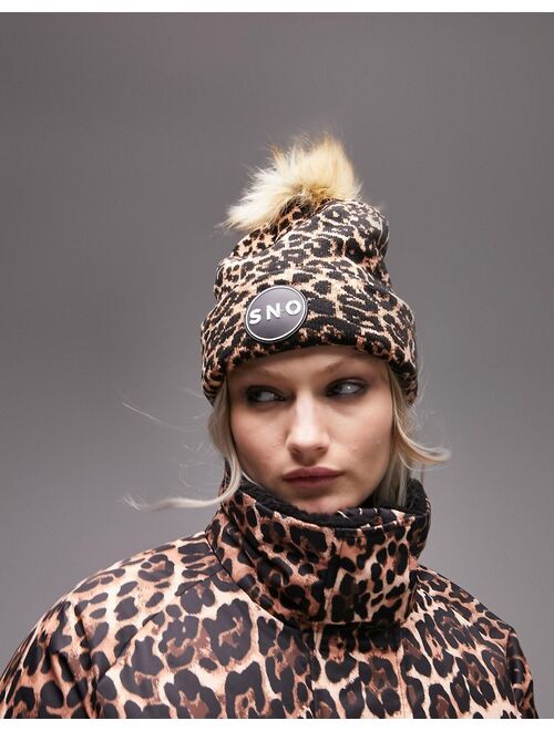 Topshop Ski fur pom beanie in leopard