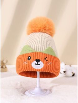 Toddler Kids Cartoon Embroidery Pom Pom Decor Beanie