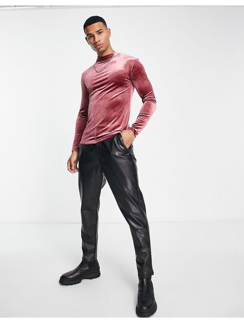 ASOS DESIGN muscle fit long sleeve t-shirt in burgundy velour with turtle neck