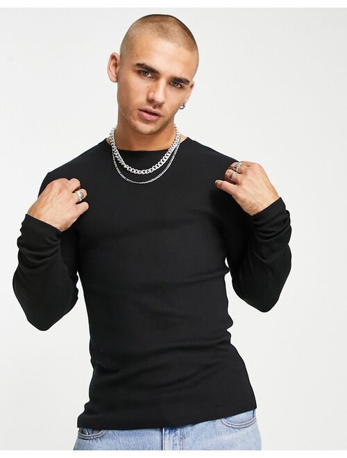 ASOS DESIGN long sleeve muscle t-shirt in lightweight rib in black