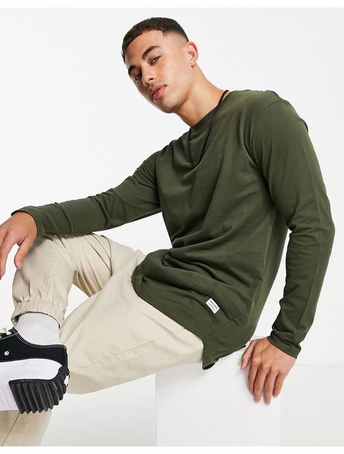 Jack & Jones Essentials cotton long sleeve top with curve hem in khaki