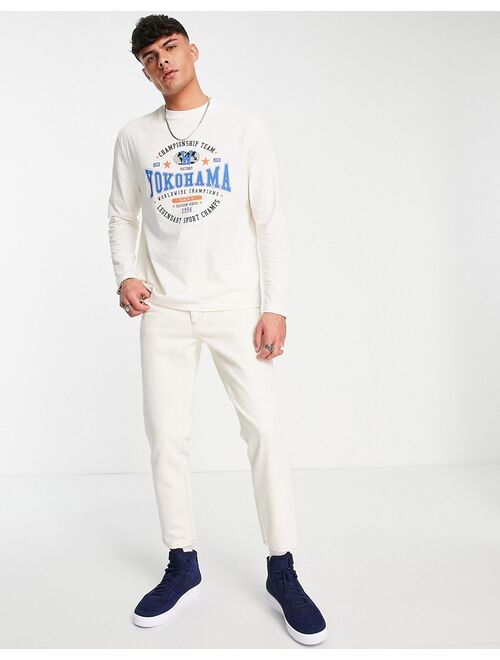 ASOS DESIGN relaxed long sleeve t-shirt in off white with collegiate front print