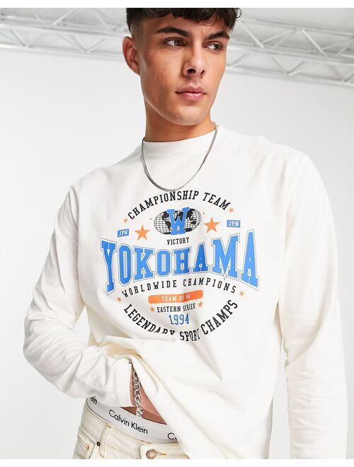 ASOS DESIGN relaxed long sleeve t-shirt in off white with collegiate front print