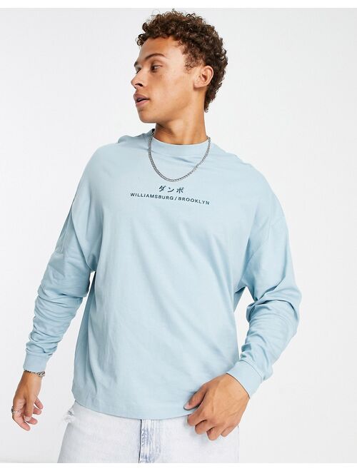 ASOS DESIGN oversized long sleeve t-shirt in blue with city embroidery