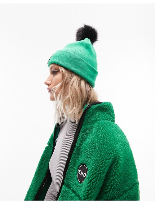 Topshop Ski faux fur pom beanie in green