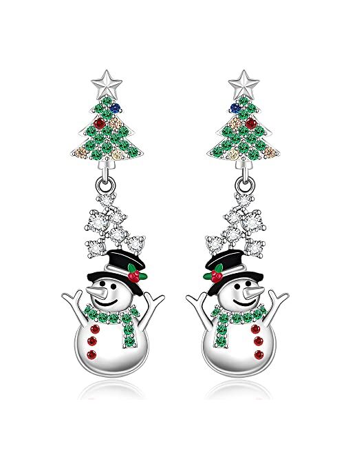 Fenthring Christmas Tree Snowman Earrings for Women Girls Sterling Silver Tree with Star Holiday Dangle Drop Earrings Frozen Winter Colorful CZ Xmas Gift