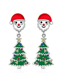 Fenthring Christmas Tree Earrings Santa Earrings for Women Girls Sterling Silver Santa Claus Green Tree with Star Dangle Drop CZ Holiday Jewelry Xmas Gifts