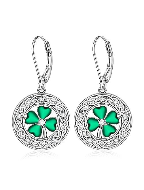 Fenthring Cat Christmas Tree Celtic Knot Shamrock Earrings for Women Girls Irish Leverback Drop Four Leaf Clover St Patricks Day Earrings Sterling Silver Green Crystal Da