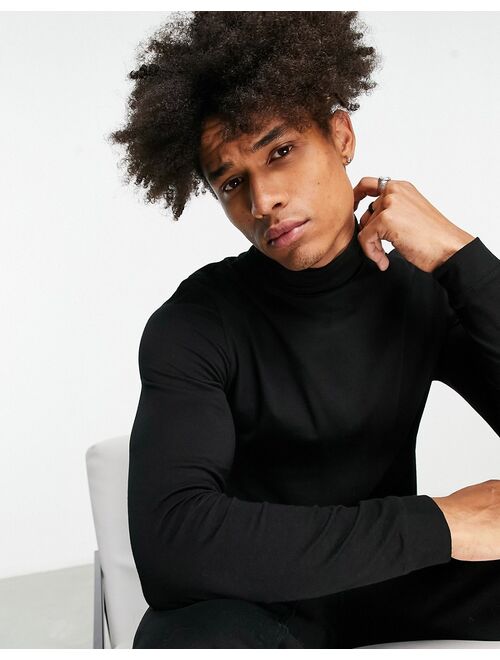 Topman roll neck long sleeve t-shirt in black