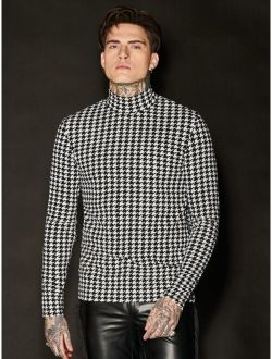 Men Mock Neck Houndstooth Tee