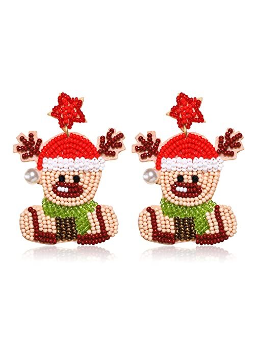 Aratlench Christmas Beaded Earrings Hypoallergenic Christmas Tree Snowflake Dangling Earrings Cute Xmas Santa Hat Bell Car Bead Drop Dangle Earrings Handmade Christmas Ho