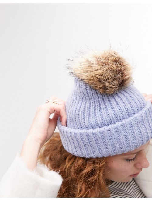 Topshop knitted fur pom pom beanie in blue