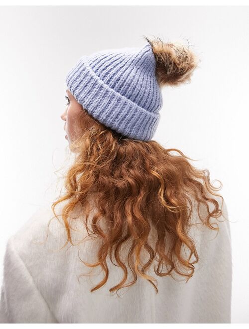 Topshop knitted fur pom pom beanie in blue