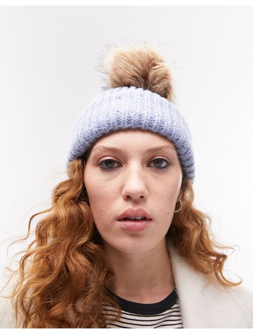 Topshop knitted fur pom pom beanie in blue