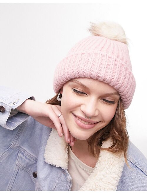 Topshop knitted fur pom pom beanie in dusky pink