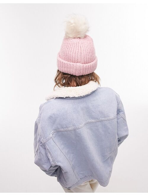 Topshop knitted fur pom pom beanie in dusky pink