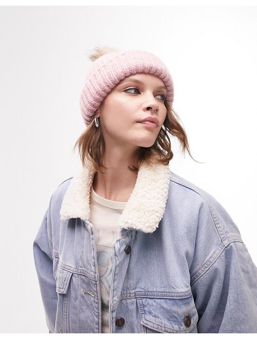 Topshop knitted fur pom pom beanie in dusky pink