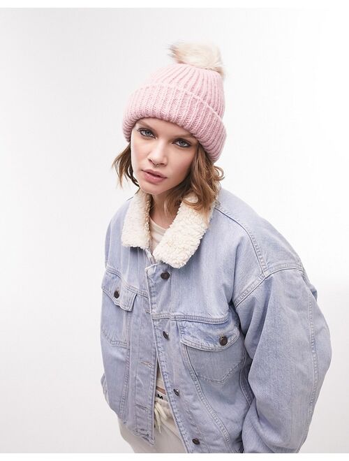 Topshop knitted fur pom pom beanie in dusky pink