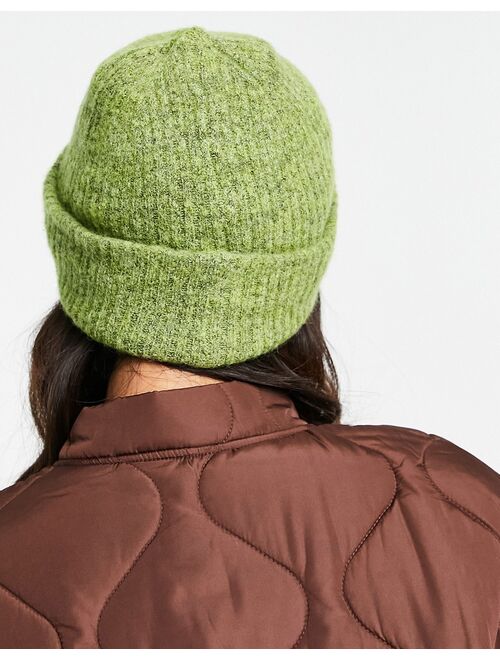 Selected Femme brushed wool knit ribbed beanie hat in green