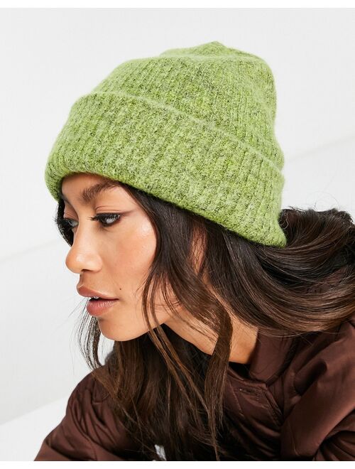 Selected Femme brushed wool knit ribbed beanie hat in green