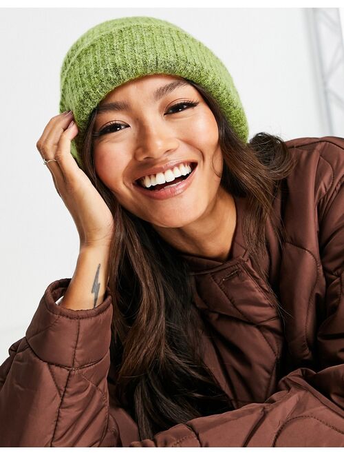 Selected Femme brushed wool knit ribbed beanie hat in green