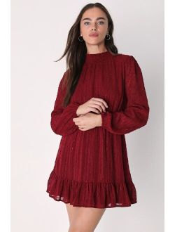 Cheerful Charmer Wine Red Lurex Long Sleeve Mini Dress