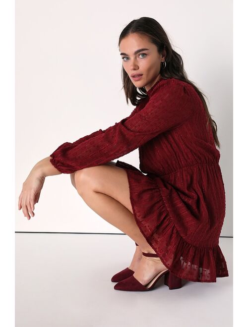 Lulus Cheerful Charmer Wine Red Lurex Long Sleeve Mini Dress