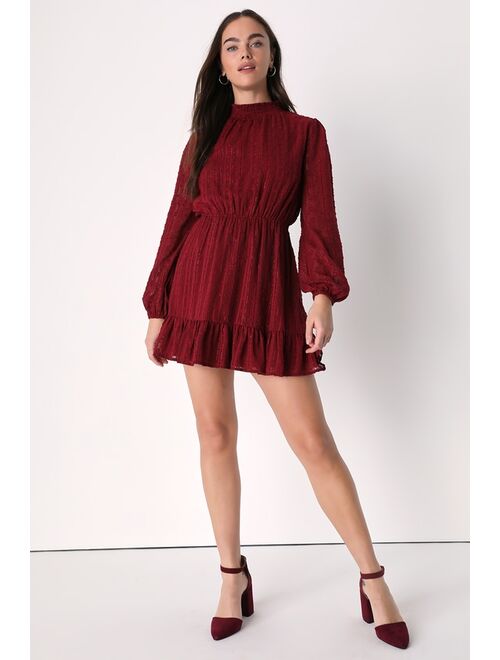 Lulus Cheerful Charmer Wine Red Lurex Long Sleeve Mini Dress