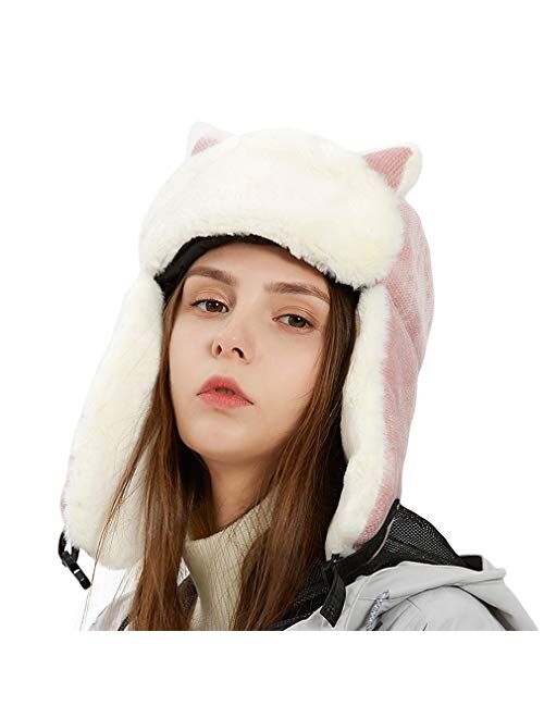 DOCILA Fashion Winter Bomber Hats for Women Lovely Cat Ear Trooper Aviator Earflap Cap Outdoor Ushanka Russian Ski Hat