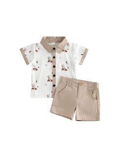 FIOMVA Toddler Baby Boy Christmas Outfit Short Sleeve Button Down Shirt Top Bermuda Shorts 2Pcs Gentleman Clothes Set