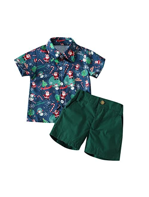 FIOMVA Toddler Baby Boy Christmas Outfit Short Sleeve Button Down Shirt Top Bermuda Shorts 2Pcs Gentleman Clothes Set