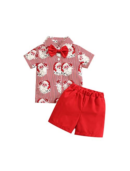 FIOMVA Toddler Baby Boy Christmas Outfit Short Sleeve Button Down Shirt Top Bermuda Shorts 2Pcs Gentleman Clothes Set