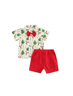 Gueuusu Toddler Baby Boys My 1st Christmas Clothes Cartoon Print Short Sleeve Bowtie Shirt Shorts Xmas Gentleman Outfits Suits