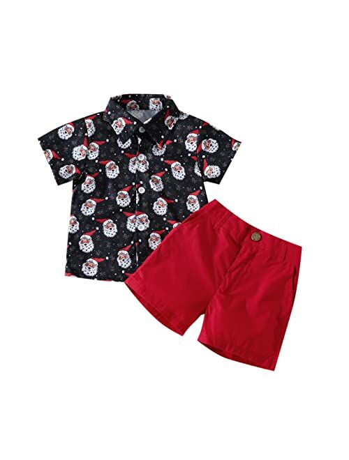 Gueuusu Toddler Baby Boys My 1st Christmas Clothes Cartoon Print Short Sleeve Bowtie Shirt Shorts Xmas Gentleman Outfits Suits