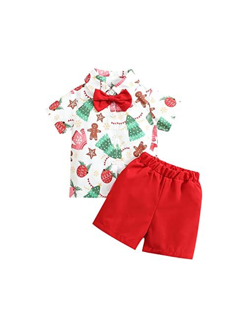 Gueuusu Toddler Baby Boys My 1st Christmas Clothes Cartoon Print Short Sleeve Bowtie Shirt Shorts Xmas Gentleman Outfits Suits