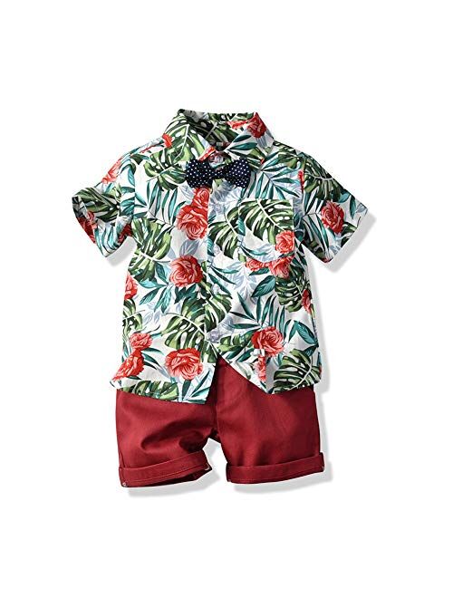 JunNeng Toddler Baby Boy Shorts Sets Hawaiian Outfit,Infant Kid Leave Floral Short Sleeve Shirt Top+shorts Suits