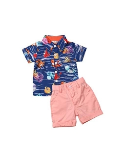 Visgogo Toddler Baby Boy Flamingo Short Sleeve Button Down Shirt & Casual Shorts Set Summer Outfits 1-6 Years Clothes