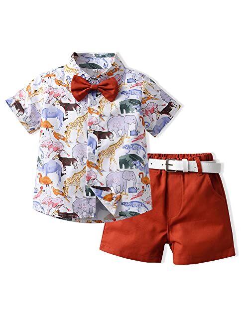 HIMEAN Toddler Boys Shorts Sets Hawaiian Outfit Baby Boy Summer Gentleman Short Sleeve Shirt Top+Shorts with Belt