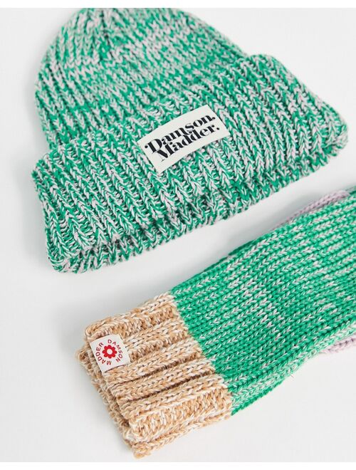 Damson Madder Exclusive beanie and mittens set in green & pink space dye