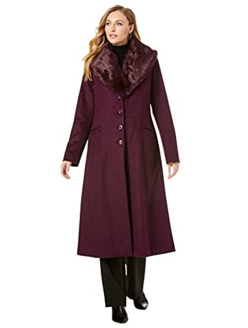 Jessica London Women's Plus Size Long Wool-Blend Coat With Faux Fur Collar