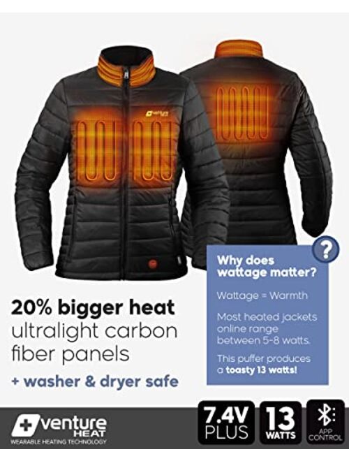 Venture Heat Women's Bluetooth Heated Jacket with Battery Pack Included - App Control Puffer Coat 7.4V