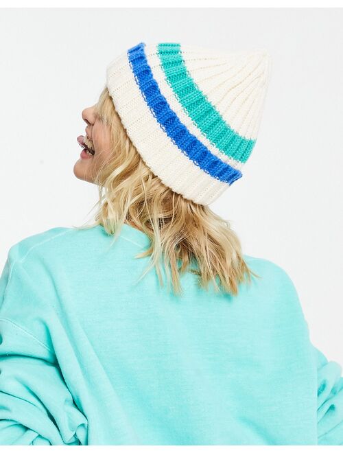 Topshop stripe ribbed beanie in off white and blue