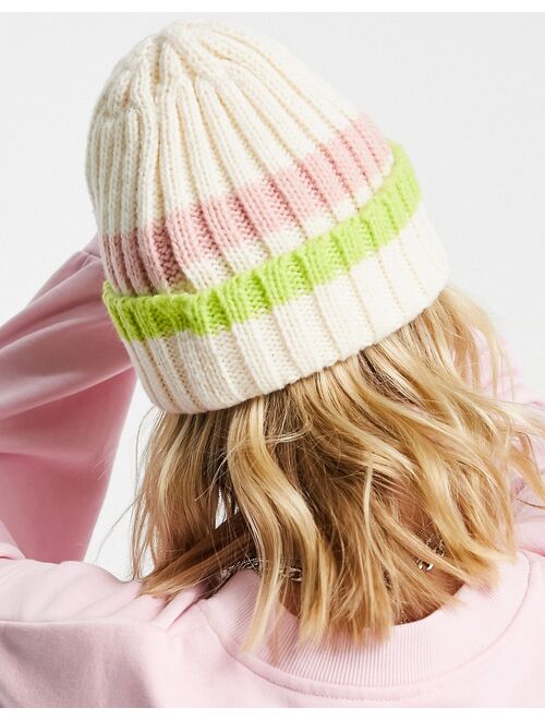 Topshop stripe ribbed beanie in off white and pink