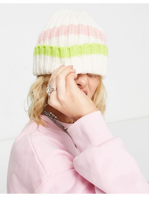 Topshop stripe ribbed beanie in off white and pink