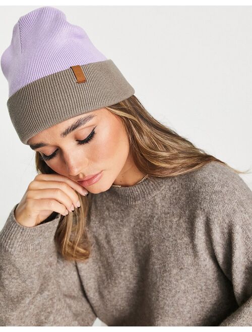 Pieces ribbed beanie in lilac & brown